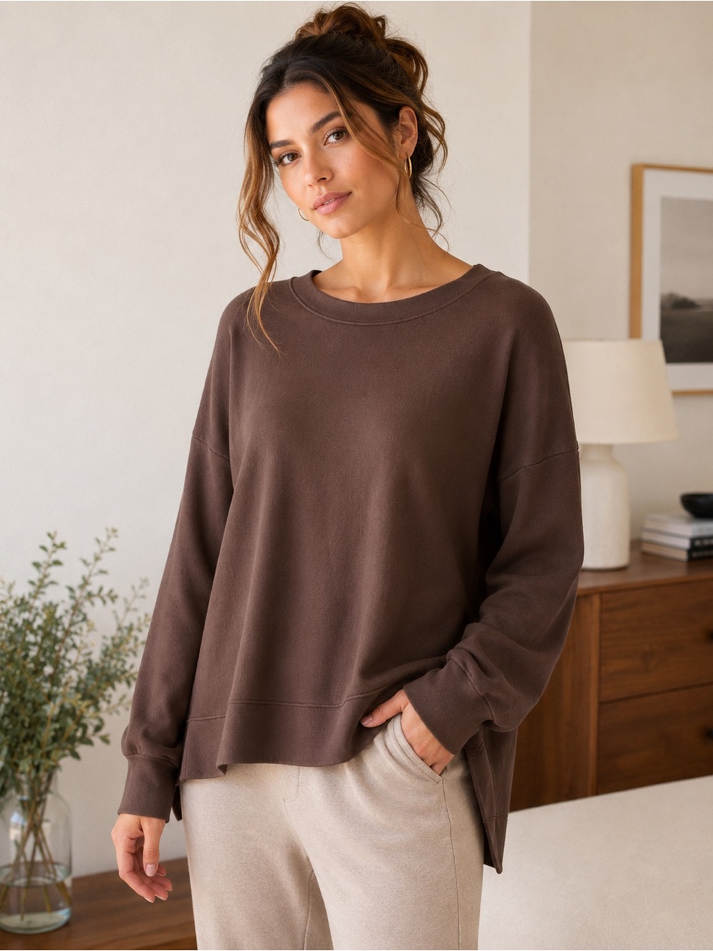 STYLUS Brown Oversized Sweatshirt | Cozy Minimalist Lounge Pullover